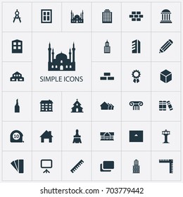 Vector Illustration Set Of Simple Architecture Icons. Elements Hostel, Building, Dispatcher Cabin And Other Synonyms Stone, Museum And Home.