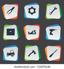 Vector Illustration Set Of Simple Architecture Icons. Elements Hatchet, Drill, Agriculture Transport And Other Synonyms Cogwheel, Tractor And Drill.
