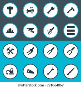 Vector Illustration Set Of Simple Architecture Icons. Elements Task, Workshop, Nippers And Other Synonyms Axe, Nippers And Adjustable.