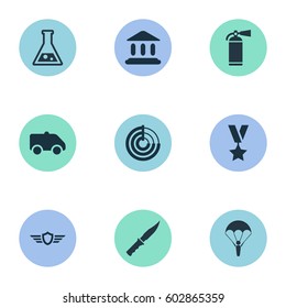 Vector Illustration Set Of Simple Army Icons. Elements Courthouse, Radio Locator, Emergency And Other Synonyms Ambulance, Fire And Wing.