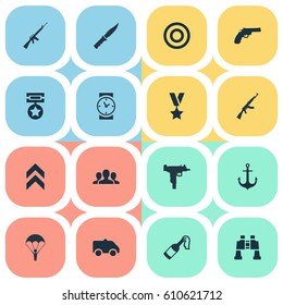 Vector Illustration Set Of Simple Army Icons. Elements Ship Hook, Cold Weapon, Rifle Gun And Other Synonyms Parachutist, Target And Watch.