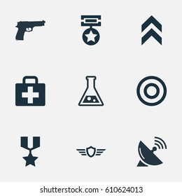 Vector Illustration Set Of Simple Army Icons. Elements Target, Pistol, Signal Receiver And Other Synonyms Military, Badge And Shield.
