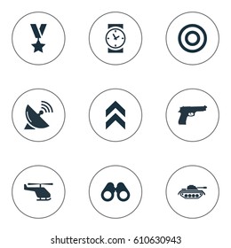 Vector Illustration Set Of Simple Army Icons. Elements Military Order, Telescope, Target And Other Synonyms Arm, Pistol And Chopper.