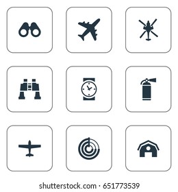 Vector Illustration Set Of Simple Army Icons. Elements Extinguisher, Telescope, Aviator And Other Synonyms Aviation, Spyglass And Binoculars.