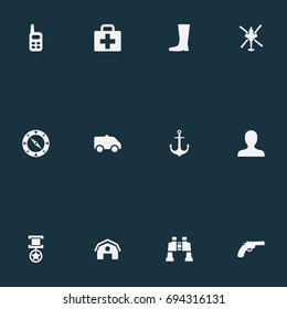 Vector Illustration Set Of Simple Army Icons. Elements Revolver, Avatar, Emergency And Other Synonyms Handgun, Emergency And Compass.