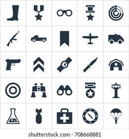 Vector Illustration Set Of Simple Army Icons. Elements Emergency, Medal, Radio Locator And Other Synonyms Telescope, Rifle And Kalashnikov.