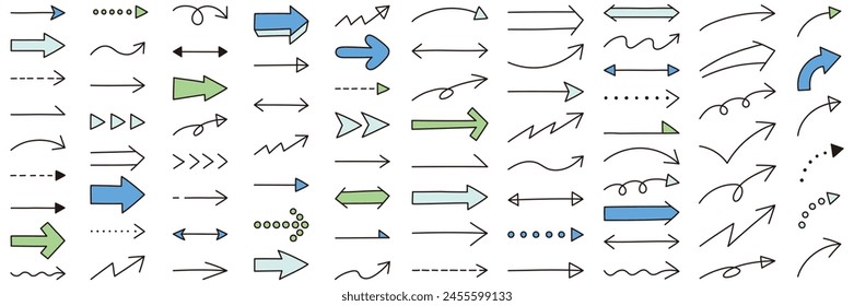 Conjunto de Ilustraciones vectoriales de iconos de flecha simples. Escritura a mano, líneas, superior e inferior, izquierda y derecha