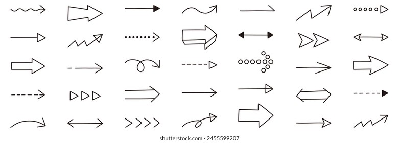 Vector illustration set of simple arrow icons. Handwriting, lines, top and bottom, left and right