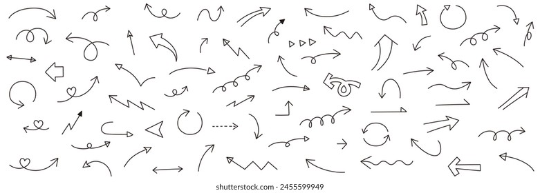 Vector illustration set of simple arrow icons. Handwriting, lines, top and bottom, left and right