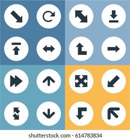 Vector Illustration Set Of Simple Arrows Icons. Elements Left-Up, Downwards Pointing, Circular And Other Synonyms Direction, Down Right Pointing And Upwards.