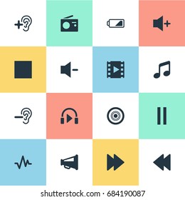 Vector Illustration Set Of Simple Audio Icons. Elements Musical Speaker, Plus, Sound And Other Synonyms Melody, Pause And Quiter.