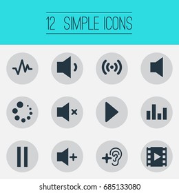 Vector Illustration Set Of Simple Audio Icons. Elements Player, Upload, Wave And Other Synonyms Mute, Loading And Loudspeaker.