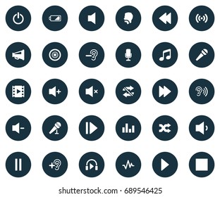 Vector Illustration Set Of Simple Audio Icons. Elements Plus, Loudspeaker, Hush And Other Synonyms Silent, Command And Listen.