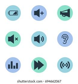 Vector Illustration Set Of Simple Audio Icons. Elements Next, Plus, Player And Other Synonyms Power, Radio And Ear.