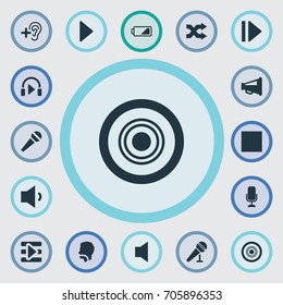 Vector Illustration Set Of Simple Audio Icons. Elements Play, Loudspeaker, Multimedia Buttons And Other Synonyms Microphone, Communication And Low Battery.