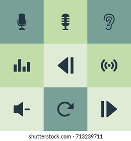 Vector Illustration Set Of Simple Audio Icons. Elements Wave, Minus, Player And Other Synonyms Movie, Microphone And Refresh.