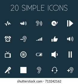 Vector Illustration Set Of Simple Audio Icons. Elements Vinyl, Ear, Pulse And Other Synonyms Alarm, Pause And Sound.