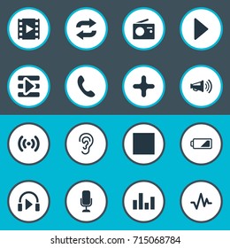 Vector Illustration Set Of Simple Audio Icons. Elements Telephone, Cinema, Broadcast And Other Synonyms Deafness, Microphone And Ear.