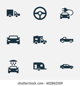 Vector Illustration Set Of Simple Auto Icons. Elements Caravan, Traffic, Car Charging And Other Synonyms Delivery, Electric And Sedan.