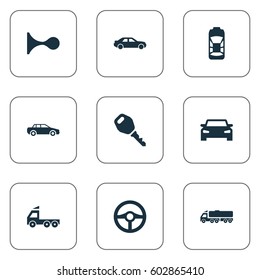 Vector Illustration Set Of Simple Auto Icons. Elements Steering Wheel, Automobile, Klaxon And Other Synonyms Lock, Klaxon And Carcase.