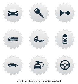 Vector Illustration Set Of Simple Auto Icons. Elements Automobile, Car Charging, Klaxon And Other Synonyms Car, Trucks And Siren.