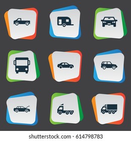 Vector Illustration Set Of Simple Auto Icons. Elements Tour Bus, Repairing Service, Carriage And Other Synonyms Service, Wagon And Caravan.