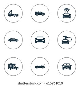 Vector Illustration Set Of Simple Auto Icons. Elements Traffic, Car Charging, Transport Cleaning And Other Synonyms Camion, Sedan And Electric.