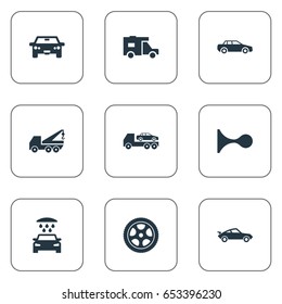 Vector Illustration Set Of Simple Auto Icons. Elements Offroad, Klaxon, Faucet And Other Synonyms Evacuate, Wash And Siren.
