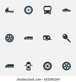 Vector Illustration Set Of Simple Auto Icons. Elements Rotation, Camion, Tour Bus And Other Synonyms Siren, Panorama And Lock.