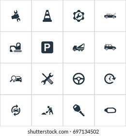 Vector Illustration Set Of Simple Auto Icons. Elements Road Sign, Hoisting Machine, Wrench And Other Synonyms Bulldozer, Wrench And Rudder.