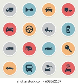 Vector Illustration Set Of Simple Automobile Icons. Elements Klaxon, Repairing Service, Camion And Other Synonyms Steering, Shower And Key.