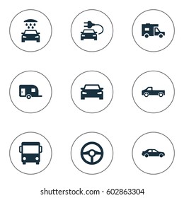 Vector Illustration Set Of Simple Automobile Icons. Elements Car Charging, Transport Cleaning, Van And Other Synonyms Auto, Trailer And Shower.