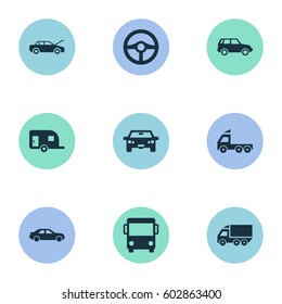 Vector Illustration Set Of Simple Automobile Icons. Elements Tour Bus, Repairing Service, Traffic And Other Synonyms Van, Trailer And Service.