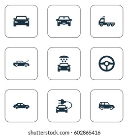 Vector Illustration Set Of Simple Automobile Icons. Elements Camion, Auto, Vehicle And Other Synonyms Fixing, Trucks And Electric.