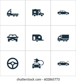 Vector Illustration Set Of Simple Automobile Icons. Elements Driving, Car Charging, Steering Wheel And Other Synonyms Transportation, Carcase And Wheel.