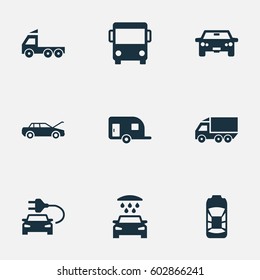 Vector Illustration Set Of Simple Automobile Icons. Elements Caravan, Car Charging, Repair And Other Synonyms Motorcar, Electric And Repair.