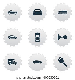 Vector Illustration Set Of Simple Automobile Icons. Elements Klaxon, Key, Haulage And Other Synonyms Truck, Trucking And Wagon.