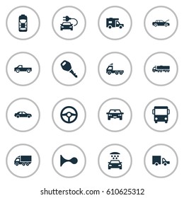 Vector Illustration Set Of Simple Automobile Icons. Elements Tour Bus, Haulage, Van And Other Synonyms Truck, Service And Shower.
