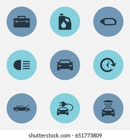 Vector Illustration Set Of Simple Automobile Icons. Elements Car, Fuel, Toolbox And Other Synonyms Electric, Sign And Vehicle.