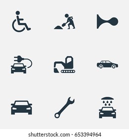 Vector Illustration Set Of Simple Automobile Icons. Elements Carriage Wash, Handicapped, Automobile Synonyms Siren, Alert And Shovel.