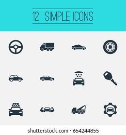 Vector Illustration Set Of Simple Automobile Icons. Elements Faucet, Steering Wheel, Charging And Other Synonyms Key, Repair And Motor.