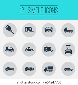 Vector Illustration Set Of Simple Automobile Icons. Elements Siren, Camion, Carriage And Other Synonyms Caravan, Trailer And Motorcar.