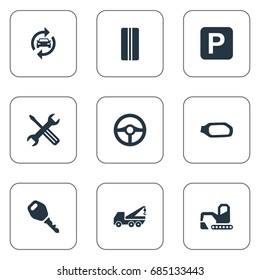 Vector Illustration Set Of Simple Automobile Icons. Elements Side Mirror, Hoisting Machine, Wheel And Other Synonyms Lock, Tools And Tire.