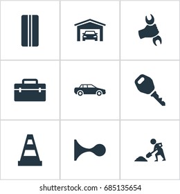 Vector Illustration Set Of Simple Automobile Icons. Elements Wheel, Vehicle Building, Builder And Other Synonyms Shovel, Car And Key.
