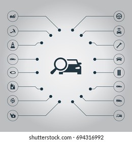 Vector Illustration Set Of Simple Automobile Icons. Elements Hoisting Machine, Hatchback, Carriage Wash And Other Synonyms Spare, Rudder And Crane.