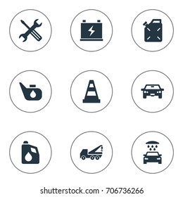 Vector Illustration Set Of Simple Automobile Icons. Elements Transportation, Caution, Instrument And Other Synonyms Wrench, Diesel And Tools.