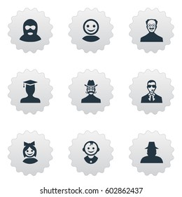 Vector Illustration Set Of Simple Avatar Icons. Elements Internet Profile, Young Shaver, Girl Face And Other Synonyms Face, Detective And Internet.