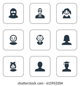 Vector Illustration Set Of Simple Avatar Icons. Elements Postgraduate, Felon, Bodyguard And Other Synonyms Web, Offender And Postgraduate.
