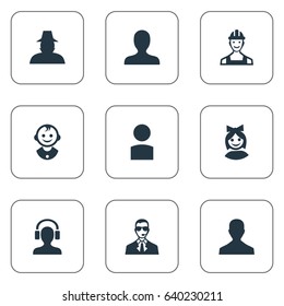 Vector Illustration Set Of Simple Avatar Icons. Elements Agent, Male User, Young Shaver And Other Synonyms Headphone, Face And Man.