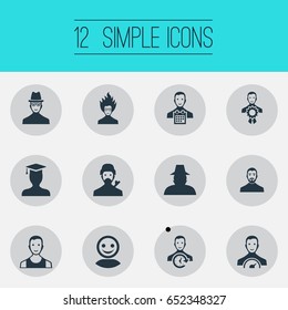 Vector Illustration Set Of Simple Avatar Icons. Elements Spy, Trainer, Agent And Other Synonyms Speedometer, User And Graduate.